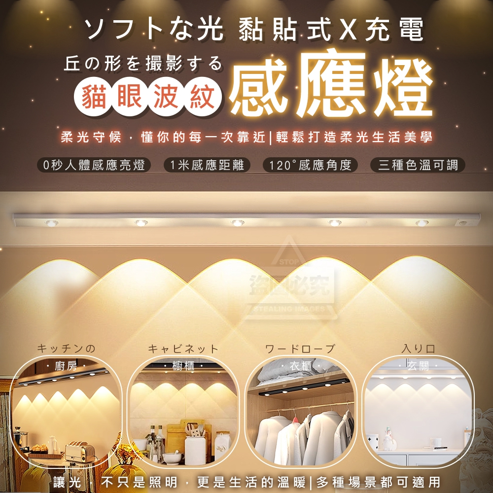 長款-ソフトな光黏貼式充電貓眼波紋感應燈