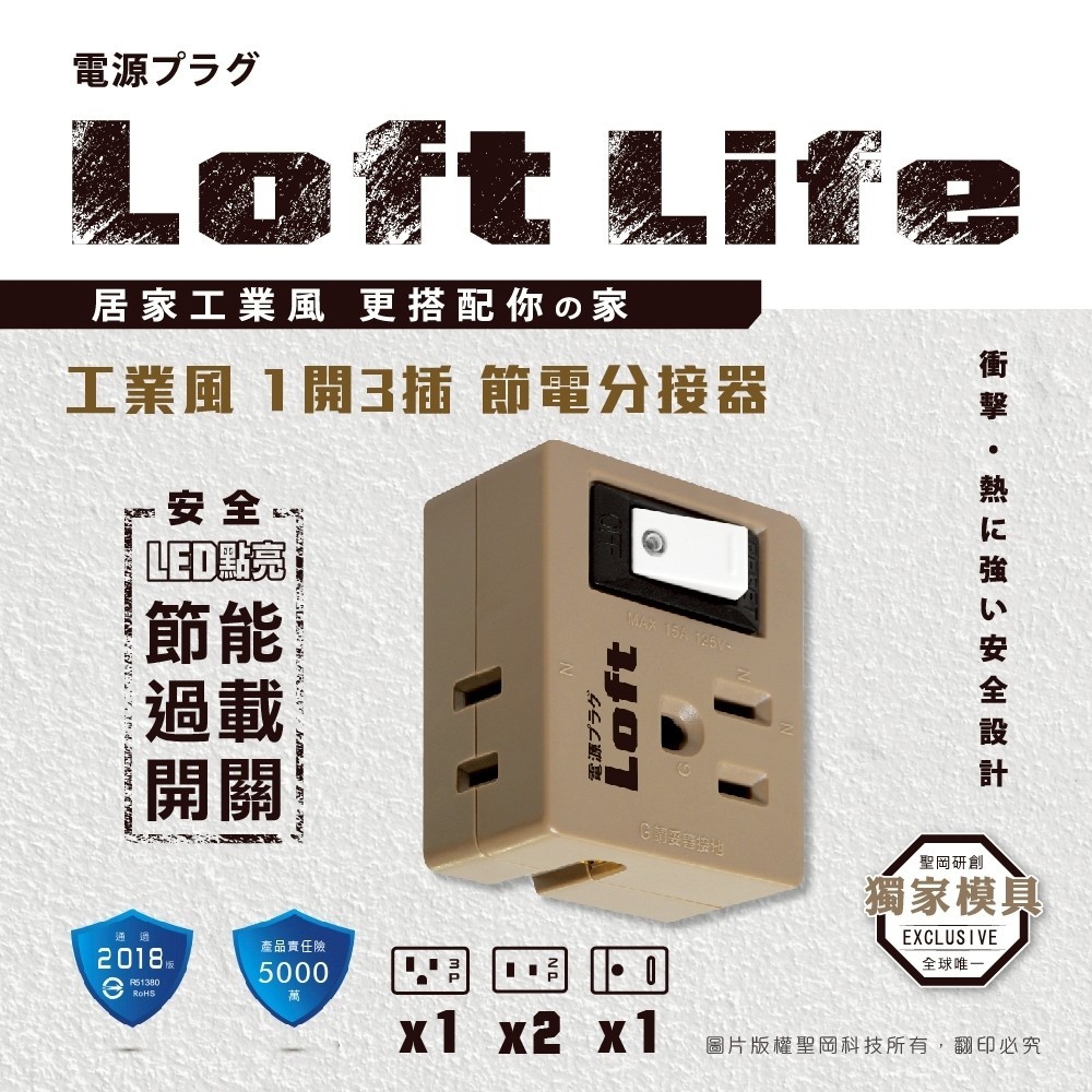 Loft Life 過載自動斷電1開3插分接器-LL-872S奶