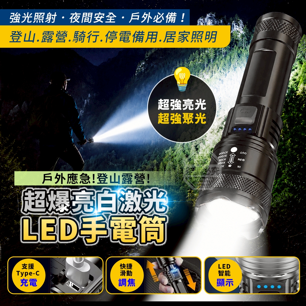 (2個)戶外應急登山露營超爆亮白激光充電LED手電筒