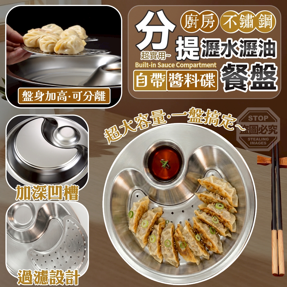 (2個)廚房不鏽鋼分體瀝水瀝油自帶醬料碟餐盤