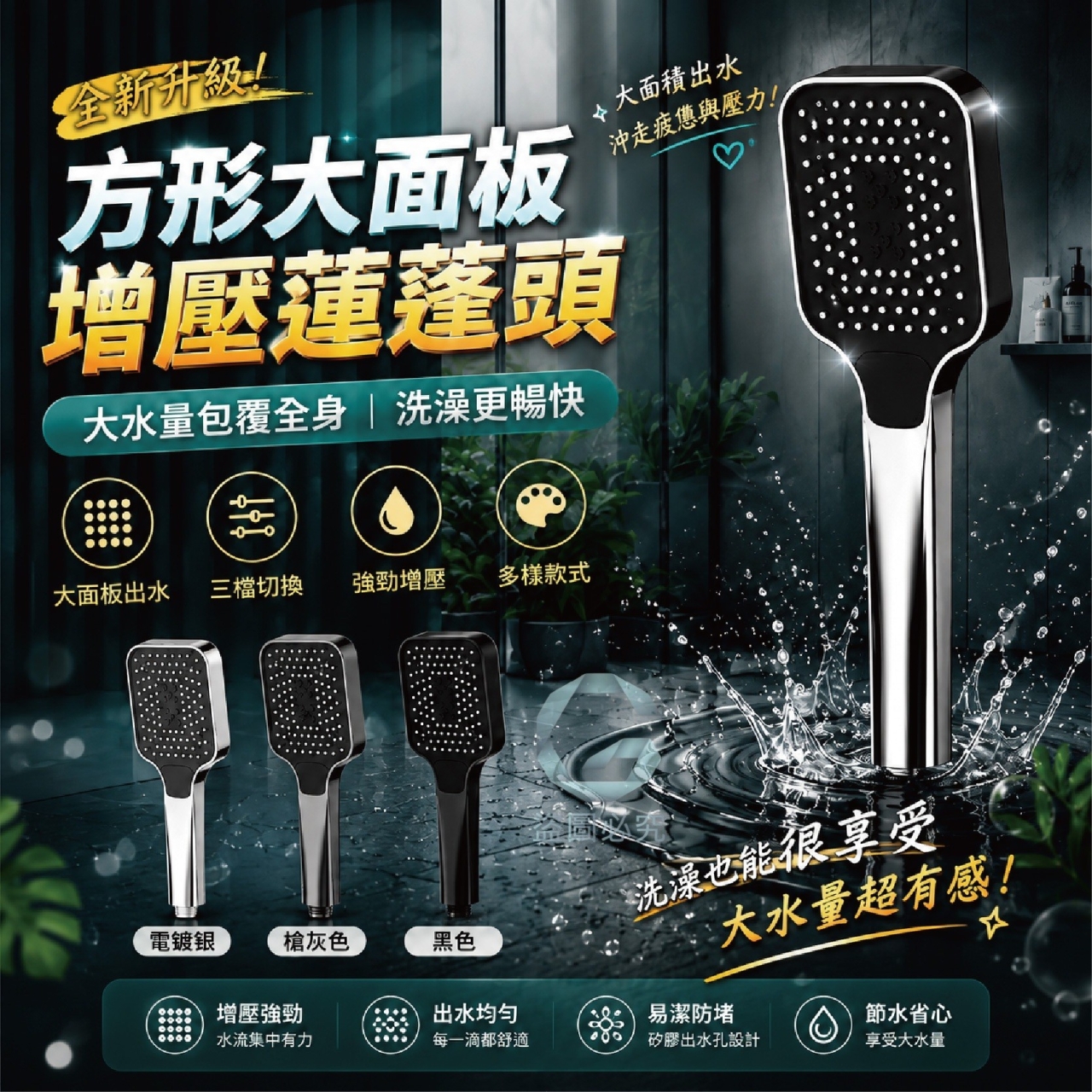(2個)方形大面板三檔切換蓮蓬頭