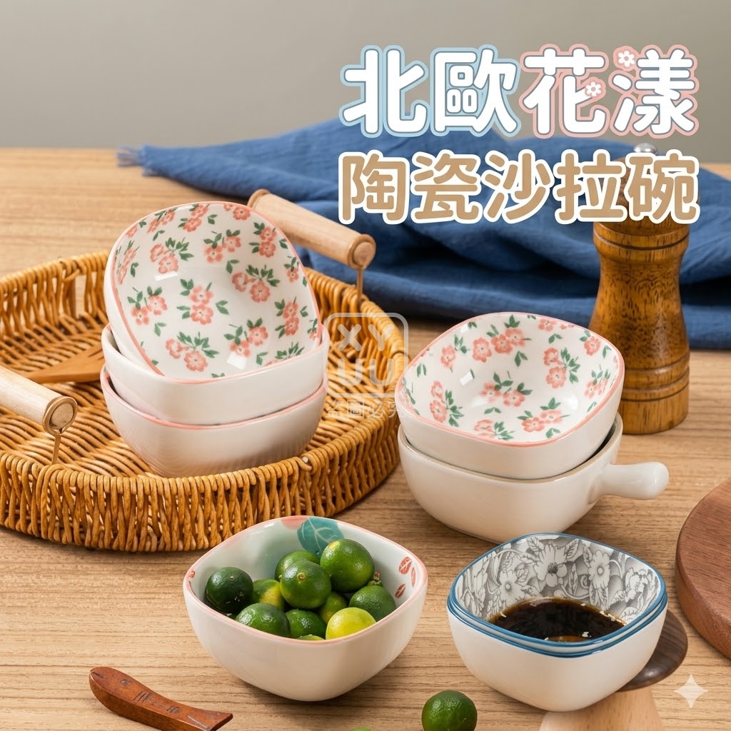 北歐花漾陶瓷沙拉碗3入