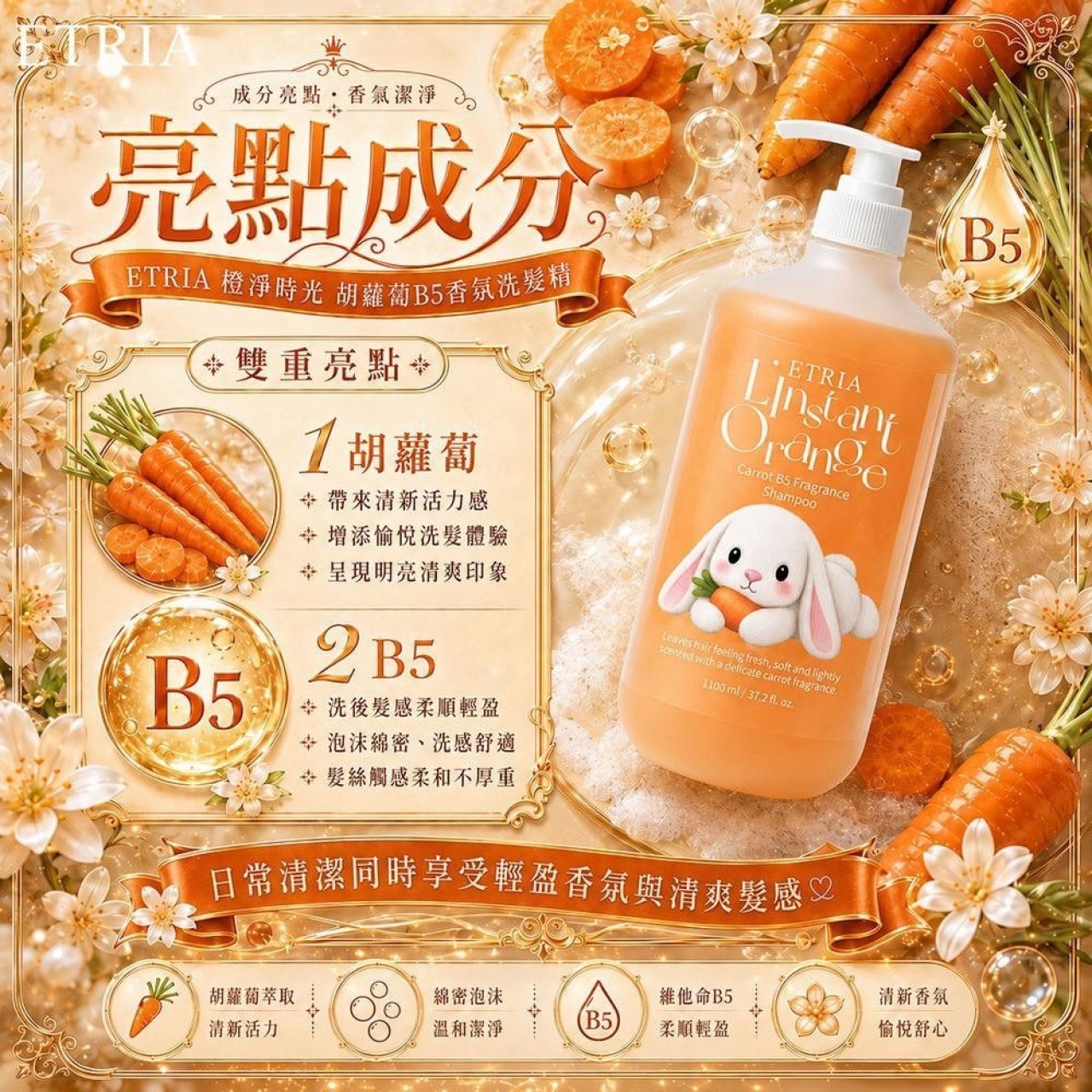 水光柔順爆棚 ETRIA橙淨時光🥕胡蘿蔔B5香氛洗髮精 1100ml 霸王瓶