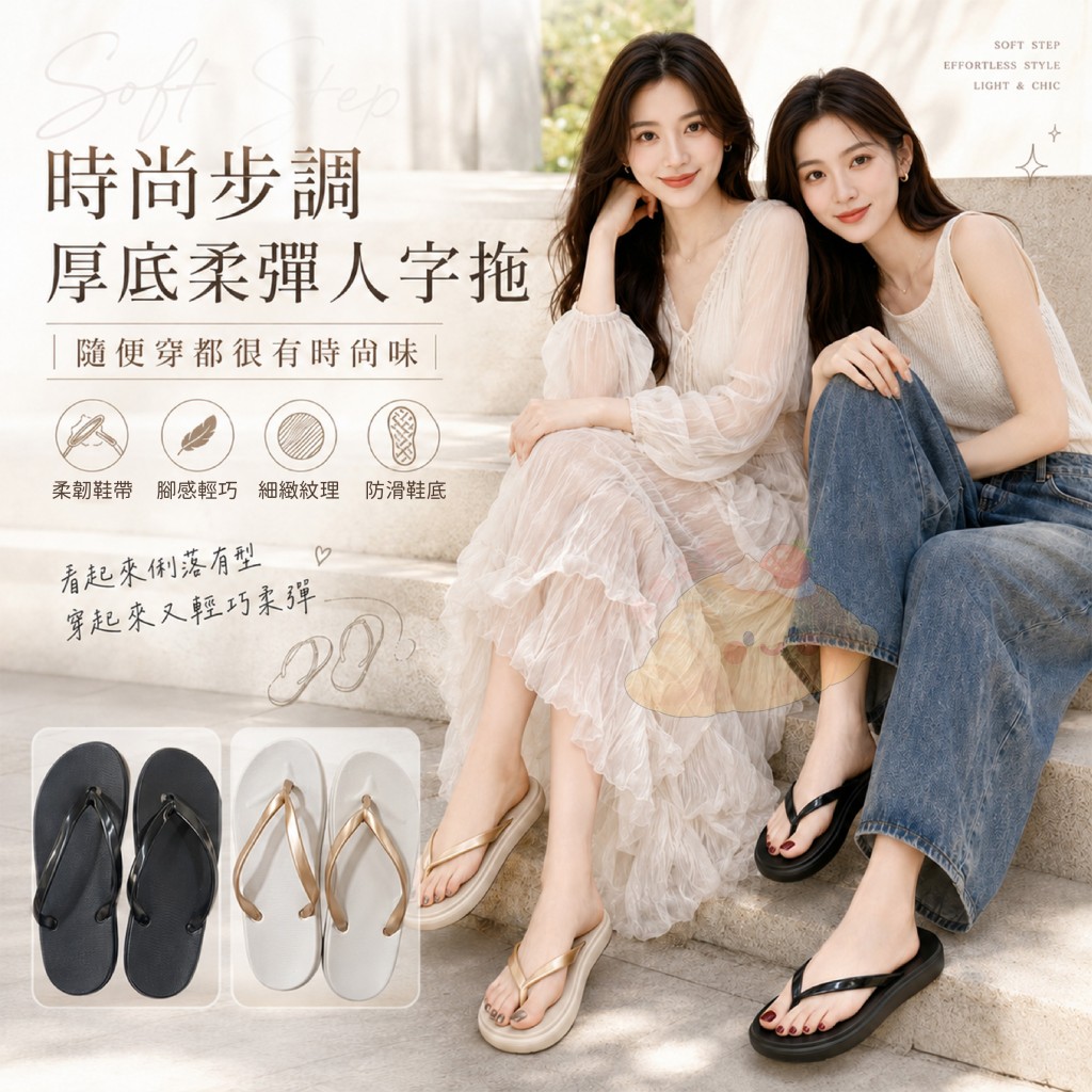 時尚步調厚底柔彈人字拖