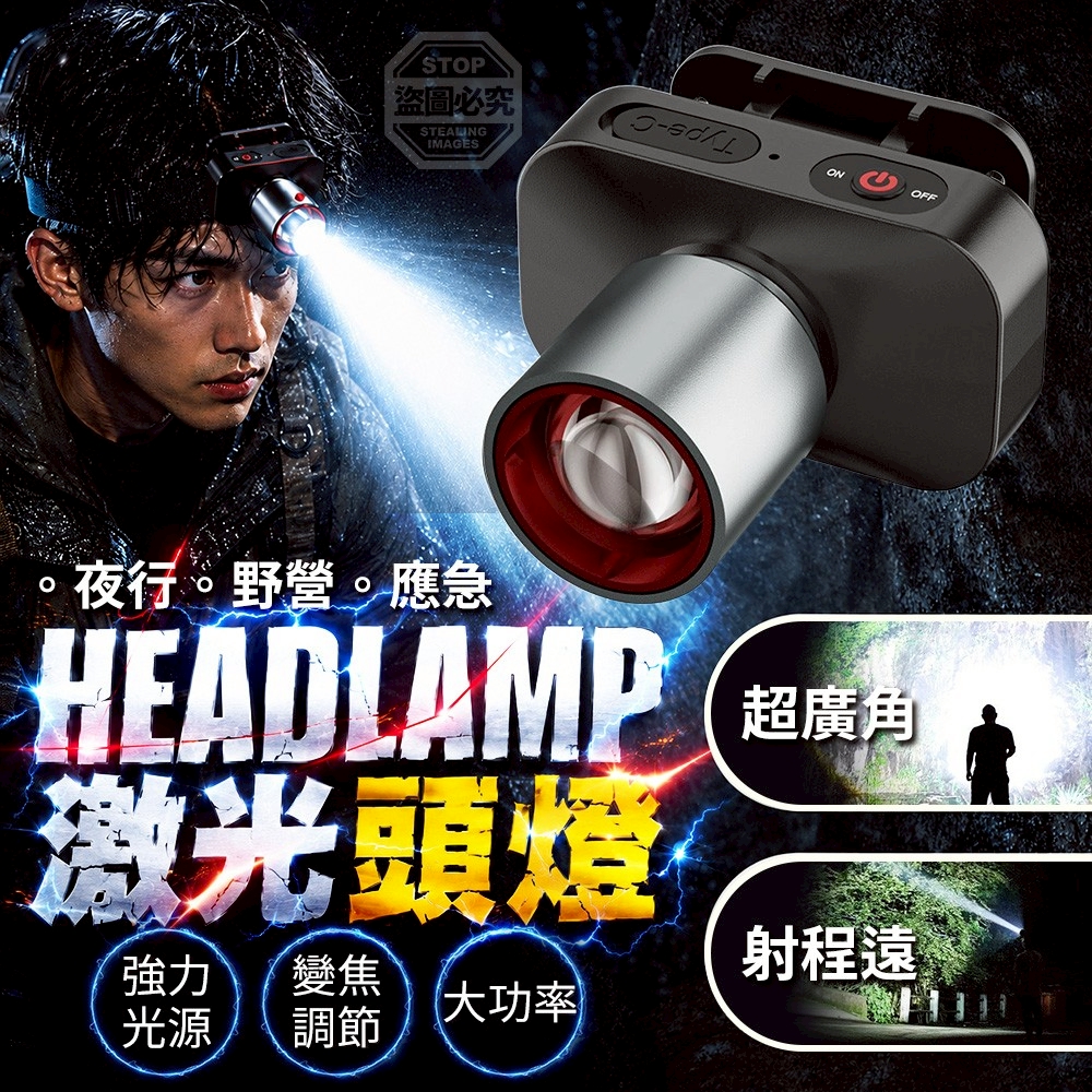 夜行野營應急大功率可調節超廣角激強光變焦頭燈